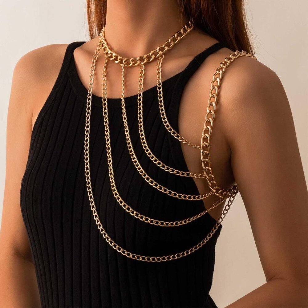 Women Gold Layered Body Chain Jewelry Multi Row Shoulder Necklace Choker - Picture 3 of 7